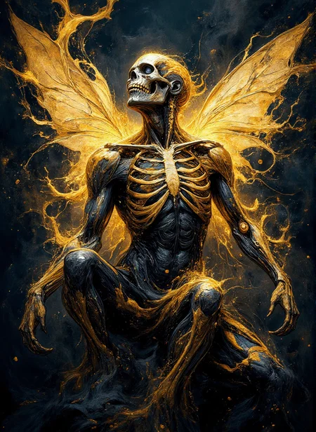 DxDRG, masterpiece, full body portrait of a fairy, skeleton, wing skeleton and anatomical details, breathtaking fairytale theme illustration, magic luminous swirling smoke and particles, low neon effects,
<lora:DxDRG_Journey:0.9>
<lora:paintart-style-006:0.35>
<lora:Midjourney:0.7>
<lora:Artify´s Fantasy and Sci-Fi Art Flux:0.77>
<lora:fantasy-flux-v1:0.4>
