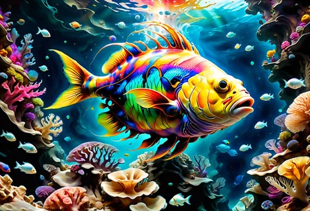 high contrast, lively colors, highest quality,masterpiece, 4K HD,vibrant colors ,wide angle, cinematic, realistic, hyper detailed,Extremely high-resolution details, photographic, realism pushed to extreme, fine texture, incredibly lifelike,sharp, colorful
hyperkraximalism,
a diver descends into the ocean abyss, wide angle , reefs, fish