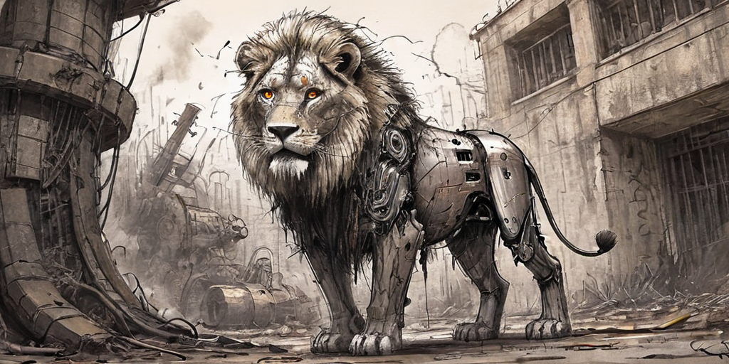 detailed ink sketch,scttlw, a robot lion in an abandoned dystopian zoo, an automated audience driving by belts and gears scratches and squeaks as it's motors spark and smoke, animatronics,<lora:Dystopia:.3> <lora:Scttlw-XL-V1:.5>