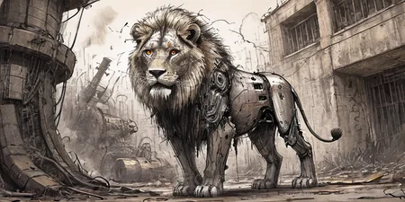 detailed ink sketch,scttlw, a robot lion in an abandoned dystopian zoo, an automated audience driving by belts and gears scratches and squeaks as it's motors spark and smoke, animatronics,<lora:Dystopia:.3> <lora:Scttlw-XL-V1:.5>