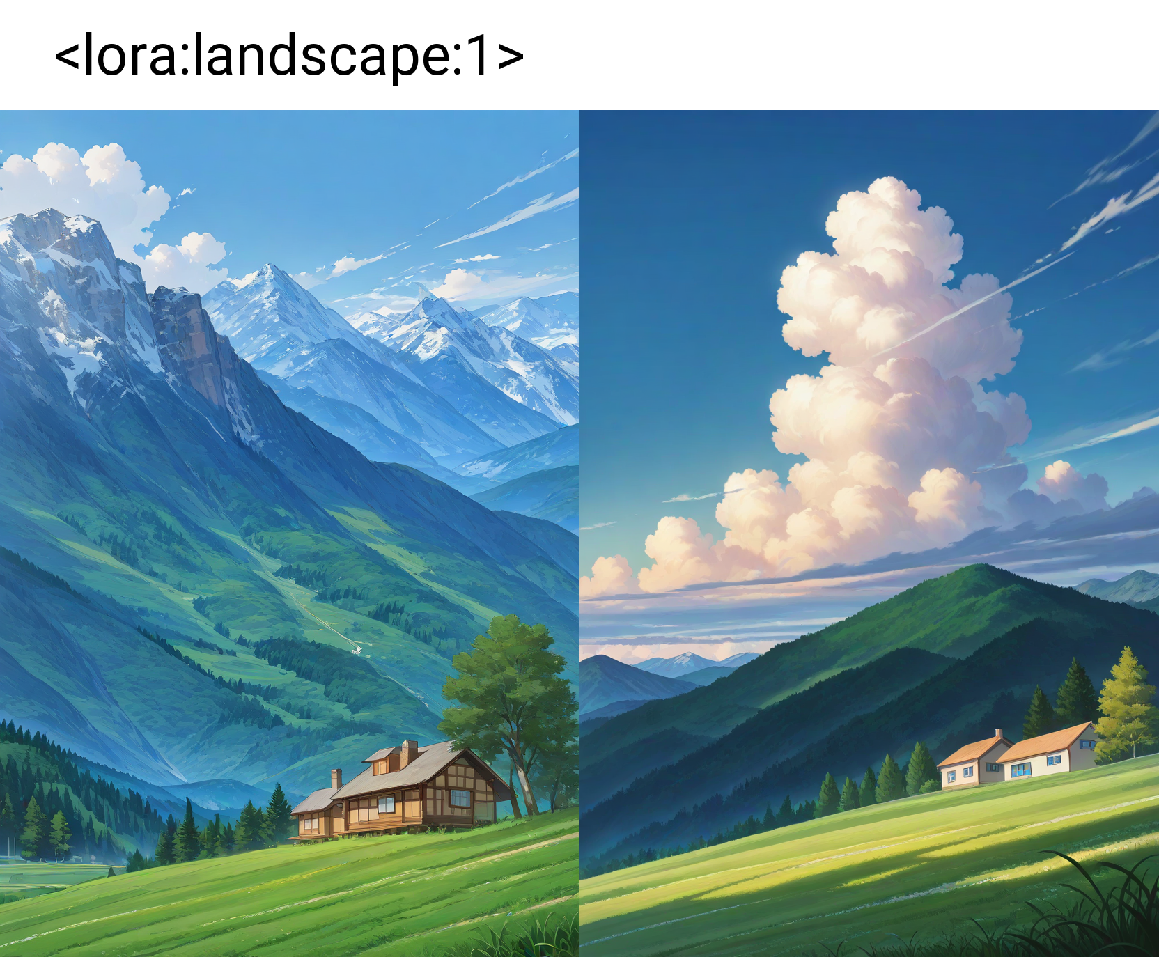 outdoors, mountain, scenery, no humans, tree, grass, sky, house, day, cloud, blue sky, nature, building, mountainous horizon,
very awa,masterpiece,best quality,absurdres,newest,perfect quality,detailed background,intricate details,<lora:landscape:1>,
Negative prompt: EasyNegative,(bad anatomy:1.2),bad proportions,bad perspective,(bad quality, worst quality,low quality:1.2),(jpeg artifacts:1.2),lowres,blurred,duplicate,multiple people,multiple views,montage,cropped,error,extra digit,fewer digits,(text, subtitles, watermark, artist name, signature, logo, letterboxed, speech bubble),(monochrome, greyscale),3d,sketch,symbol,spoken,woman,girl,female,(deformed, distorted, disfigured),intertwined limbs,intertwined fingers,missing limbs,missing legs,missing arms,missing hands,extra limbs,extra legs,extra arms,extra hands,mutant limbs,mutant arms,mutant hands,mutant fingers,bulge,
Steps: 20, Sampler: Euler a, Schedule type: Automatic, CFG scale: 6, Seed: 1585475545, Size: 832x1216, Model hash: 1fece4700f, Model: homosimileXL_v30NAIXLEPSV11, Lora hashes: "landscape: 3900550ea5b1", Version: f2.0.1v1.10.1-previous-659-gc055f2d4