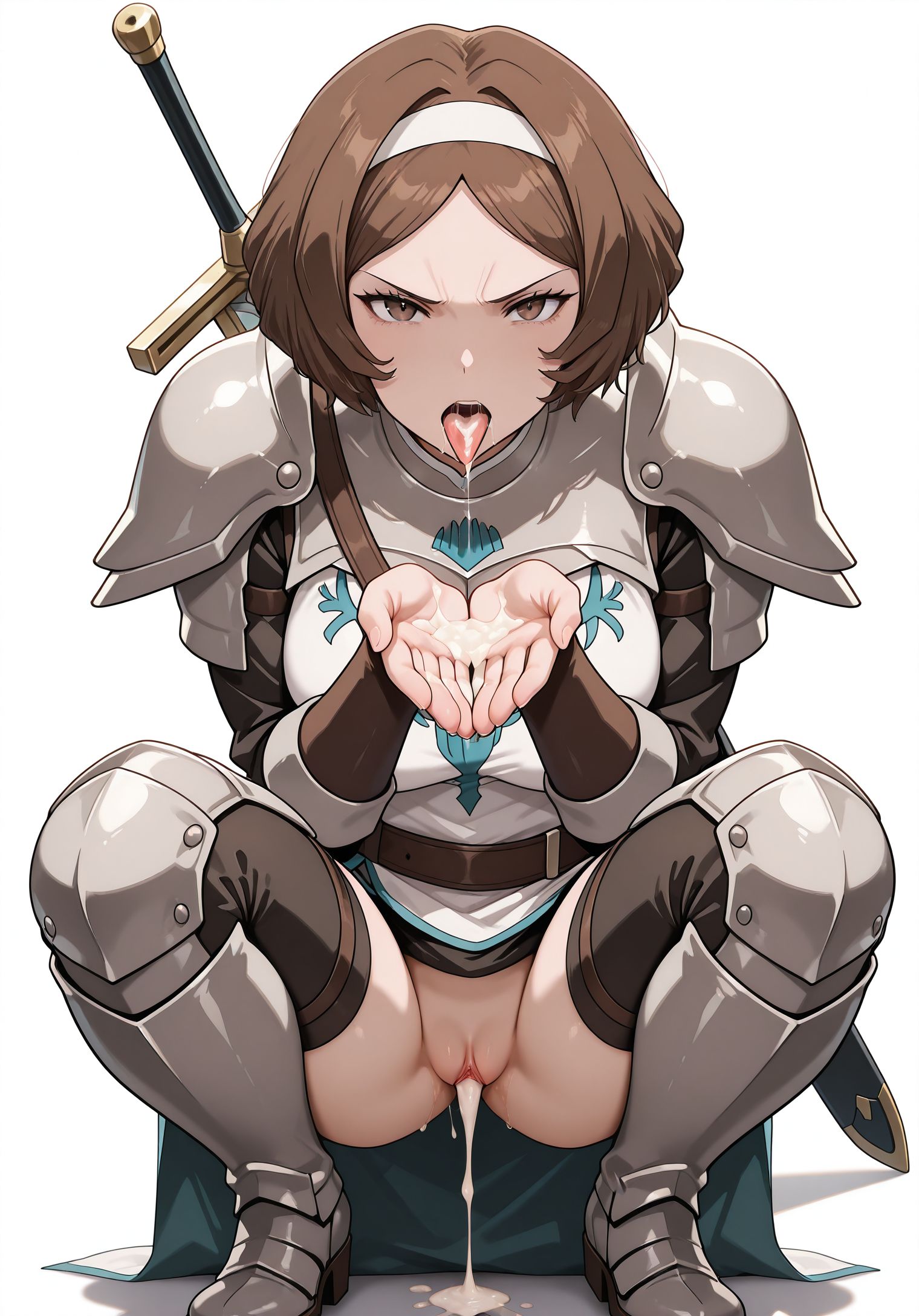 masterpiece,best quality,amazing quality,very aesthetic,absurdres,newest, huge filesize,
<lora:spo_sdxl_10ep_4k-data_lora_webui:0.5>,
<lora:add-detail-xl:1> 
<lora:cum_on_hands____cum_on__tissue:0.5>cum on hands,
 cumdrip, cum from mouth, Sperm coming out of mouth,
Use hands to catch sperm, open mouth, tongue out,  face down,looking at viewer, cupping hands, hand together,saliva, saliva trail, 
 cum on tongue , cumdrip onto hands,  hand up, from below, squatting, pussy, after fellatio, 1man,pov penis,
looking at viewer, cum in pussy, cum overflow, cumdrip, 
<lora:overlord_The_Sacred_Kingdom_V2:1>overlord_V2,
1girl,solo, hand on sword,  ready to draw,serious,sharp eyes,
weapon,armor, white background, simple background, wind, 
sword,brown hair,looking at viewer, white hairband,
short hair,shoulder armor,from below, 
full body,mature female, tall,broadsword, High-heeled leg armor, 
boots,gloves,pauldrons,blackout curtain,Leg Armor,
sheath,belt,
brown eyes,
blackout curtain,human female,o_remedio,