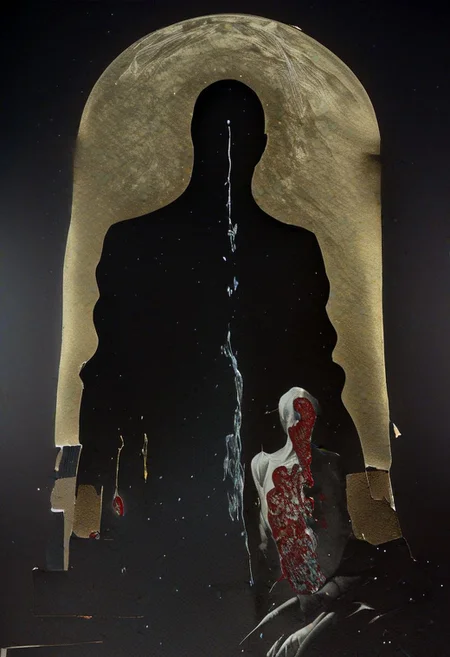 painting of an older man and his adult male lover, spark ignites, tortured souls, peacefulness, revelation, surreal dark smeared background, black and gold mutations tears in fabric , separation of colors, in the style of nicola samori <lora:DarkAnime1:1> <lora:HorrorArt(1):1.2>, glow effects, godrays, Hand drawn, render, 8k, octane render, cinema 4d, blender, dark, atmospheric 4k ultra detailed, cinematic sensual, Sharp focus, humorous illustration, big depth of field, Masterpiece, colors, 3d octane render, 4k, concept art, trending on artstation, hyperrealistic, Vivid colors, extremely detailed CG unity 8k wallpaper, trending on ArtStation, trending on CGSociety, Intricate, High Detail, dramatic, absurdes, a realistic baroque bedroom, white canopy over bed, white drapes, damask patterns, intricate details, in the style of Vittorio Matteo Corcos