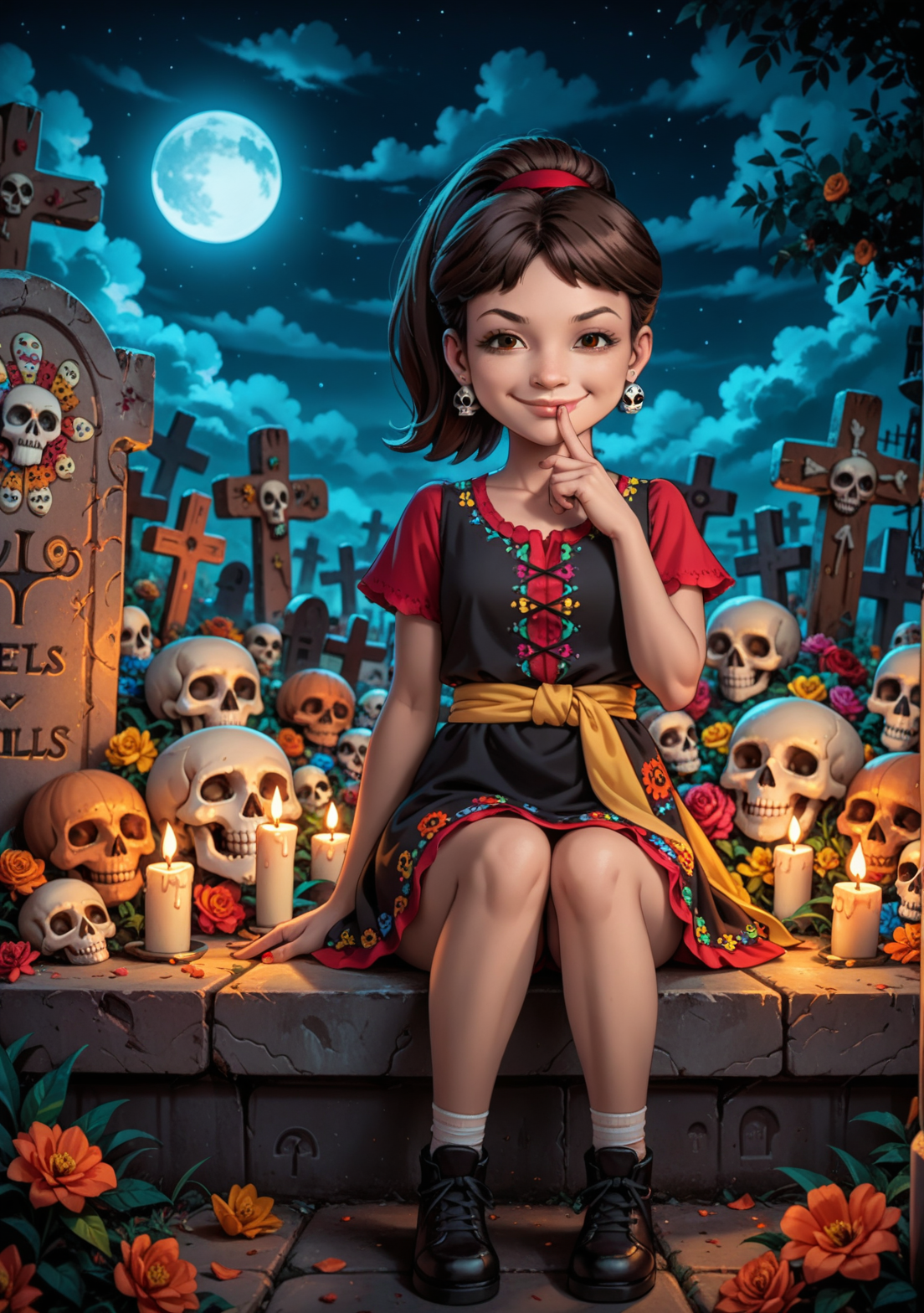 score_9, score_8_up, score_7_up, Emmy_(Dragon Tales), 1girl, solo, Emmy, brown hair, ponytail, red hairband, brown eyes,  sugar skull earrings, red dress, short dress, yellow sash, closed mouth, smug, looking at viewer,  jewelry,  looking at viewer, sitting,  solo focus, full body, teasing,  finger to mouth, shushing, pov, legs, cloud, marigold flowers, flowers, sugar skulls,  night, moon,  candles, dia de muertos, mexico, black dress shoes, black footwear, (graveyard:1.2)   <lora:EmmyDragonTales-000009:0.9>