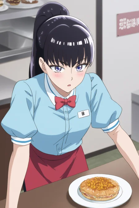 tachibana akira, long hair, black hair, ponytails, purple eyes, tachibawaitress, , blue shirt, white collar, red bowtie, short sleeves, puffy short sleeves, black skirt, red apron, white kneehighs, loafers, <lora:Akira_Tachibana:0.9>, score_9, score_8_up, score_7_up, score_6_up, score_5_up, source_anime, rating_safe, indoors, restaurant, 1girl, solo, (dynamic pose:1.2),