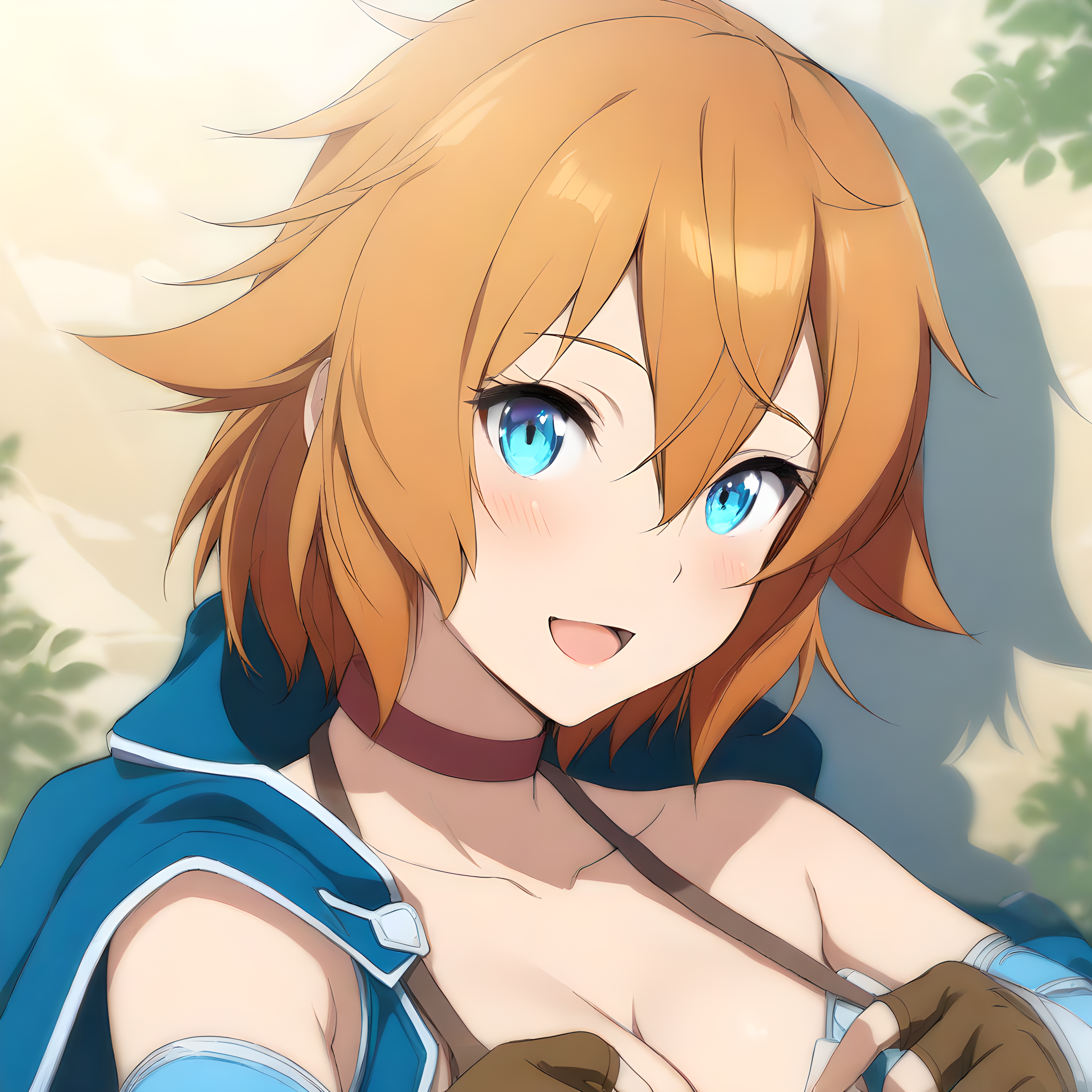 (masterpiece),(best quality),(ultra-detailed),(best illustration),(best shadow),(absurdres),(detailed background),(very aesthetic), philia(sao), 1girl, blue eyes, solo, breasts, short hair, gloves, open mouth, cleavage, smile, fingerless gloves, blush, medium breasts, orange hair, choker, close up, portrait<lora:philia:1>