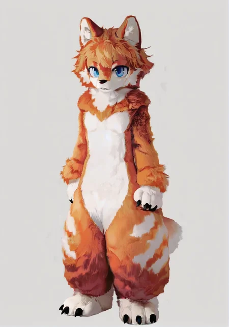 (masterpiece, best quality:1.2),furry wolf,orange and white fur,furry paws,white background,blue eyes,furry ears,full fur suit,realistic,solo,full body,<lora:FullFurSuitXLLora:0.85>,
