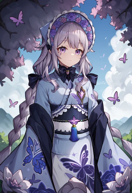 score_9,score_8_up,score_7_up,score_6_up,score_5_up,score_4_up,
1girl, koseki bijou, small breasts, twin braids, hair bow, black bow, very long hair, light blue bonnet, frilled kimono, wide sleeves, frilled sleeves, butterfly print, floral print, facial mark, chest jewel, tassel, gem, blue kimono, purple kimono, obi, obijime,purple rose,
solo, cowboy shot, outdoors,
<lora:bijouponyxl26:1>