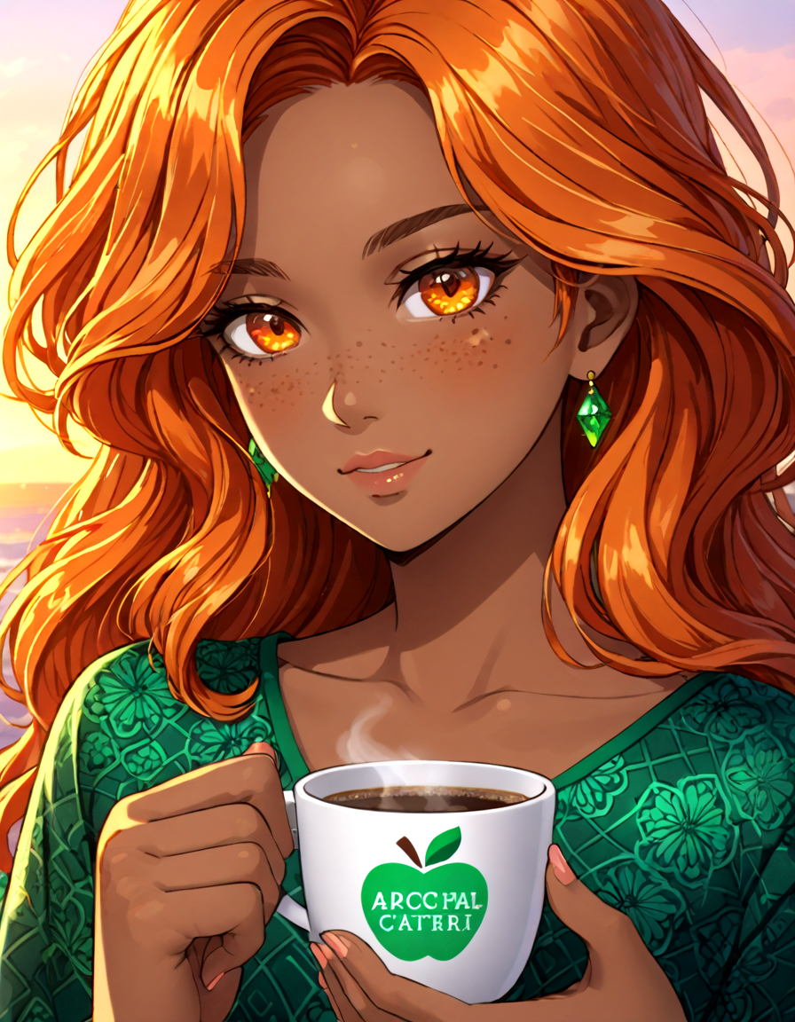 anime style, beautiful Sarcastic Girl, Apple Body, Coffee Skin skin, beautiful detailed Freckled Face, Sunset Orange eyes, Emerald gradient Sleek Straight hair, Thoughtful, Peacock Green Diamond Pattern Draped Top, best quality, ultra-detailed, sharp intricate details