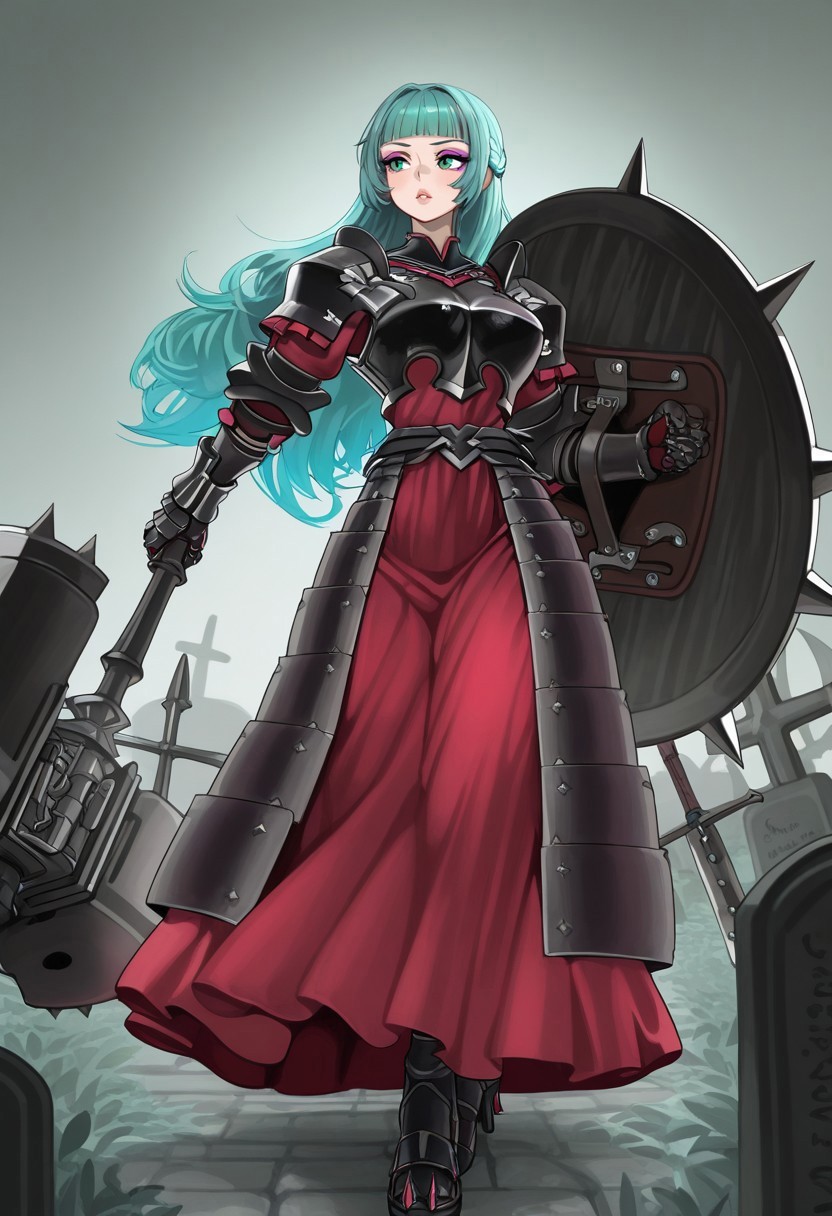 source_vanillaware,

1girl, solo,

AlcinaIL, Alcina Unicorn Overlord, milf,

cyan eyes, aqua hair, long hair, chopped bangs, purple eyeshadow, detailed lips, glossy lips 

dark armor, armored dress, spiky armor, large breasts, wide hips,

black pauldrons, black breastplate, black gauntlets, red dress, black heels,

steel hammer, holding weapon,

sexy, looking away,

spiked shield, shield on arm,

graveyard background,