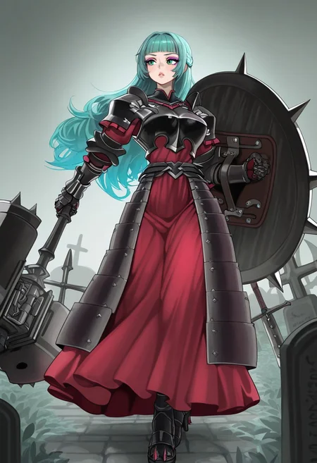 source_vanillaware,
1girl, solo,
AlcinaIL, Alcina Unicorn Overlord, milf,
cyan eyes, aqua hair, long hair, chopped bangs, purple eyeshadow, detailed lips, glossy lips
dark armor, armored dress, spiky armor, large breasts, wide hips,
black pauldrons, black breastplate, black gauntlets, red dress, black heels,
steel hammer, holding weapon,
sexy, looking away,
spiked shield, shield on arm,
graveyard background,
