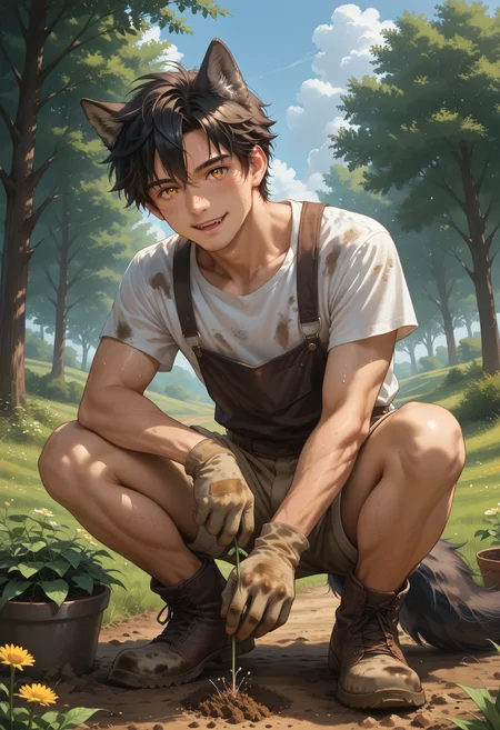 Score_9, Score_8, Score_7, masterpiece, best quality, amazing quality, very aesthetic, absurdres, extremely detailed, newest, volumetric lighting, source_anime, uncensored, (high quality:1.2), (best quality:1.2), newest, sharp focus, ultra-detailed, realistic, dynamic shot, cowboy shot, 1boy, Ak3ru, wolf boy, wolf ears, wolf tail with white tip, amber eyes, black hair, twink, animal ear fluff, male focus, (detailed eyes), blush, toned male, looking at viewer, casual, graphic t-shirt, cream shorts, squatting, gardening, digging soil, low angle, grass, tree, field, cloud, mouth open, panting, sweating, suspenders, ((dirty)), gardening gloves, smile, happy, affectionate, boots, dirt on body, dirt on skin, dirt on clothes, warm light, golden hour