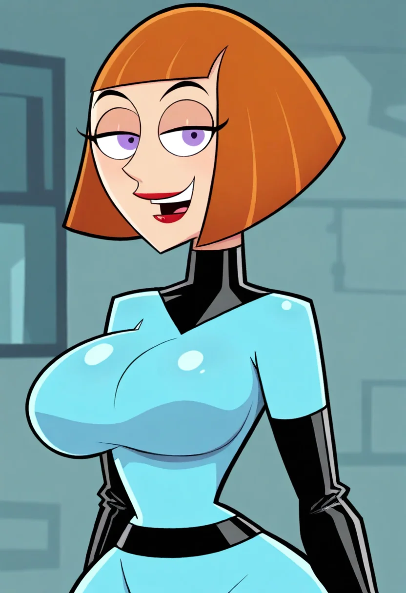 masterpiece,best quality,absurdres, portrait (close-up:1.2), 1girl, Maddie Fenton, curvy, short hair, bob cut, blunt bangs, circular eyes, purple eyes, eyelid, lipstick, large breasts, black turtleneck, blue bodysuit, black belt, black elbow gloves, black elbow gloves, smile, standing, laboratory background