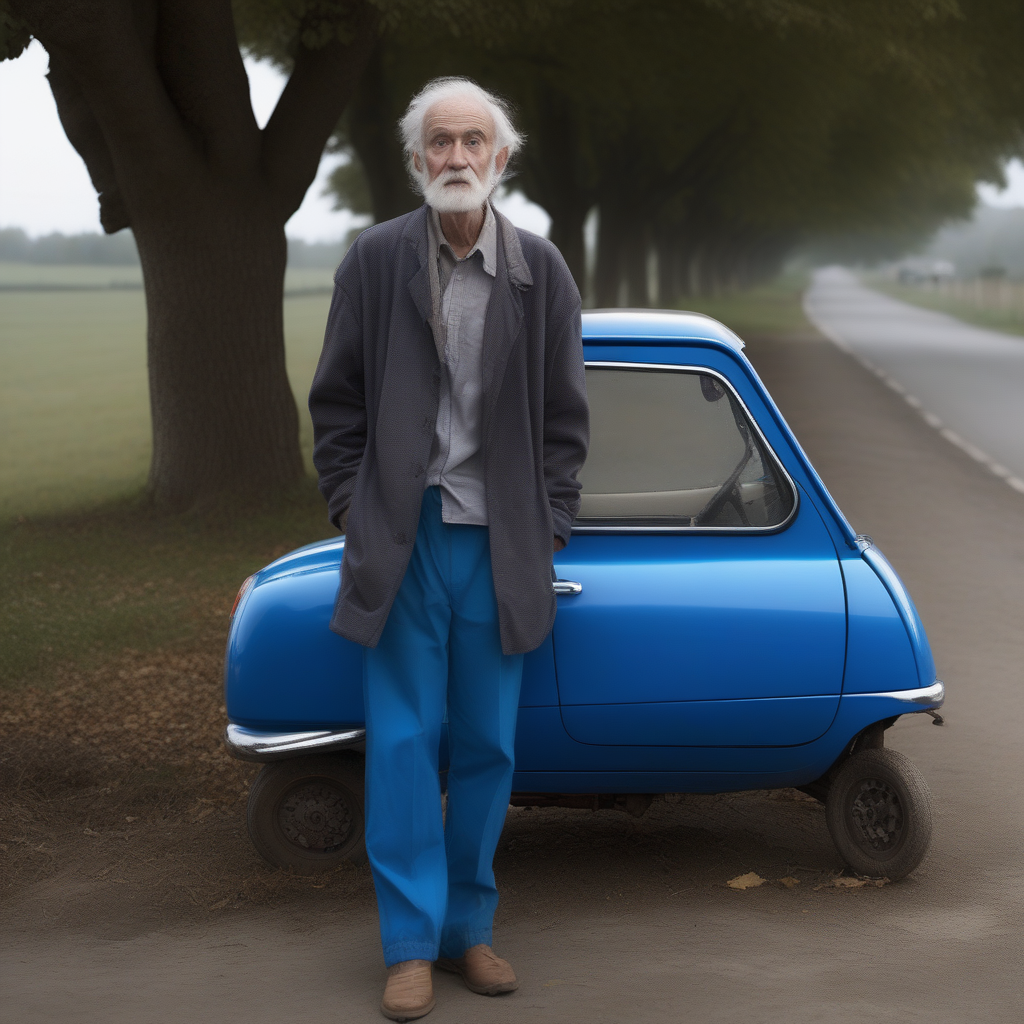 blue pants, tree, shadow, english text, vehicle focus, tiny car, fence, old man, road, grey background, 1girl, stubble