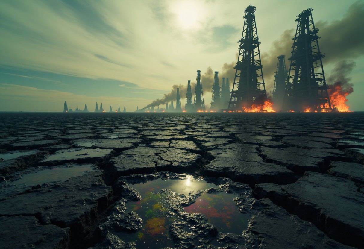 A desolate expanse of cracked, tar-black ground stretches beyond the horizon, shimmering under an overcast sky thick with slow-moving, ashen clouds. Pools of iridescent, oil-slick liquid gather in jagged fissures, reflecting the distant glow of unseen fires. In the far distance, impossibly tall, skeletal towers of corroded metal lean at unnatural angles, their rusted surfaces dripping with something darker than water. The air is heavy with the scent of burning chemicals and the eerie hum of unseen machines groaning beneath the crust, as if the earth itself were alive and suffering. ethdysty