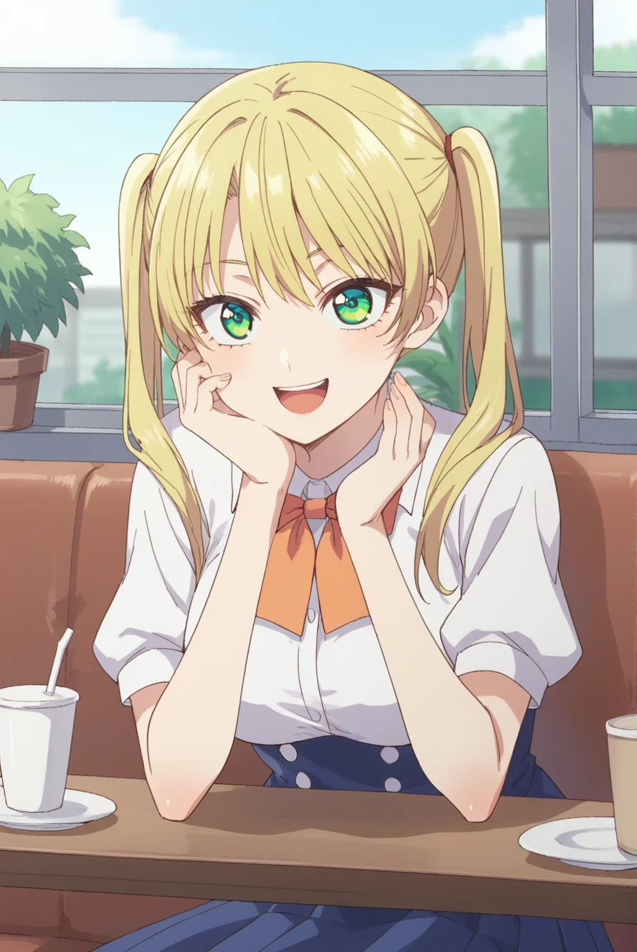 score_9, score_8_up, score_7_up, score_6_up, score_5_up, score_4_up, BREAK source_anime, 1girl, solo,
<lora:MirikiXL-v1-07:0.7>, ChopioMiriki, blonde hair, green eyes, looking at viewer,
[medium breasts : large breasts: 10],
long hair, twintails,
outfit_1, white shirt, collared shirt, bowtie, short sleeves, blue skirt, pleated skirt,
cafe, window, potted plant, table, head rest,
sitting, smile, open mouth,