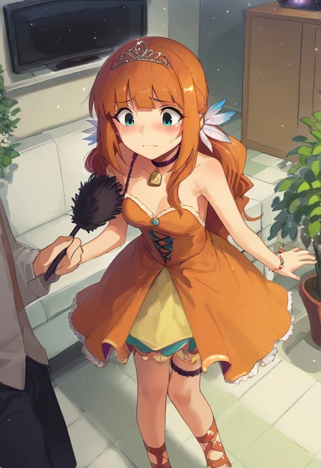 cad, idol dress, luxury dress, glittery dress, tiara,  collar with cowbell,  holding feather duster, bent knees, orgasm, <lora:TakatsukiYayoi_pony_v1:0.9> tktkyyi, long hair, orange hair, low twintails, bangs, aqua eyes, hair ornament, medium breasts, idol clothes, orange dress, jewelry, choker,  flower in hair, 
score_9, score_8_up, score_7_up, source_anime, 1girl, cute female, rainbow color theme, colorful, light particles, sparkles, inside, house, from above, television, couch, potted plant, dining table, 
looking down, crying, panic, anxious, mouth closed,  standing, intense blushing, blushing, vibrator in thigh strap, 
1boy, height  difference, head out of frame, hand on another's shoulder,
