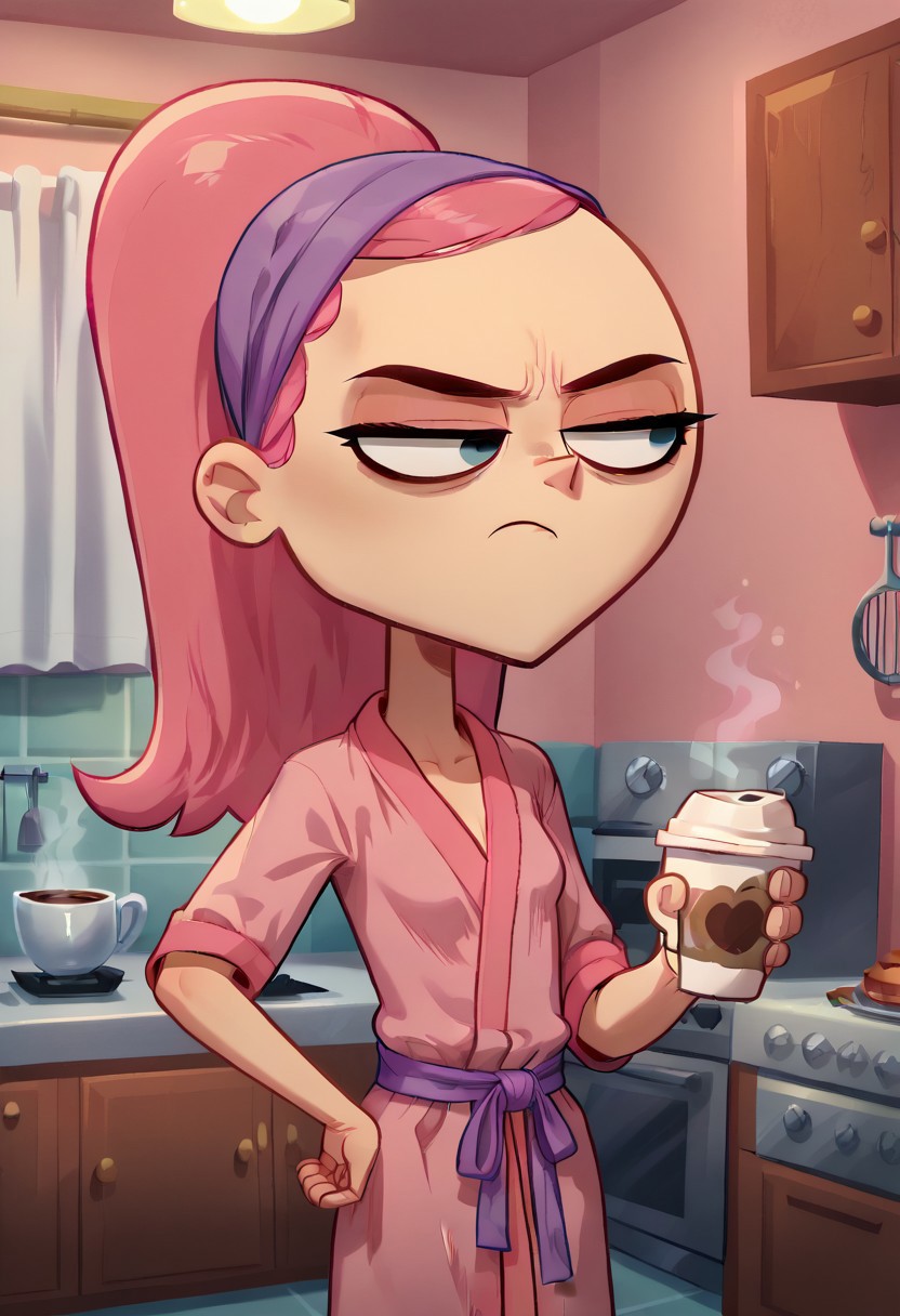 score_9, 1girl, solo, trina riffin, pink hair, frown, closed mouth, indoors, room, pink room,
wear only bathrobe, loose clothes, one hand holding a cup of coffee, one hand on hip, sleepy eyes, eyes half close, baggy eyes, kitchen background,