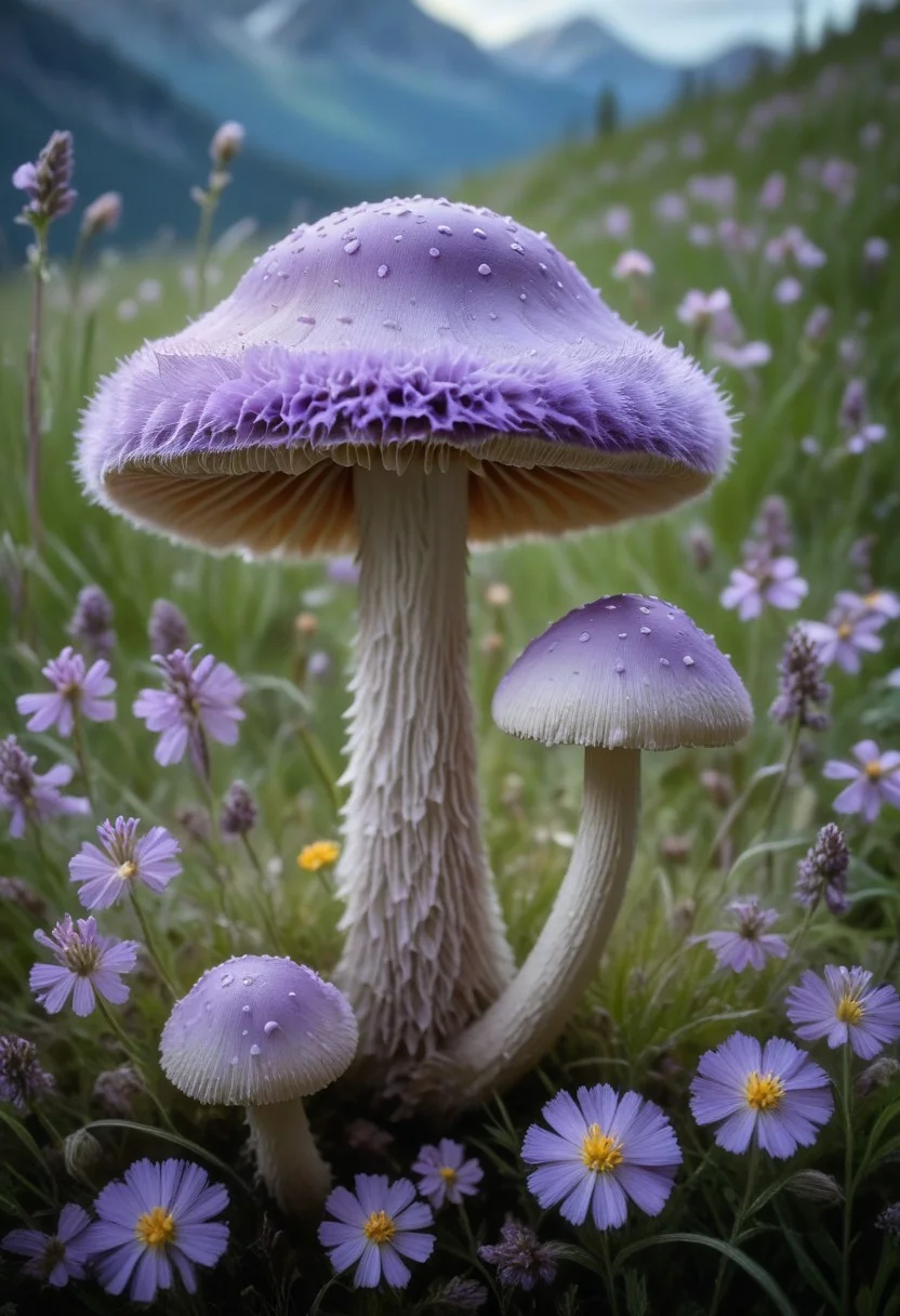 A unique furry mushroom with a soft, velvety texture grows in an alpine meadow surrounded by wildflowers. The mushroom's pale lavender hue complements the vibrant colors of the meadow blossoms. A gentle breeze rustles through the grass and flowers, adding a sense of movement to the serene landscape.
Ultra-realistic, macro photography, alpine meadow, furry mushroom, velvety texture, pale lavender hue, wildflowers, gentle breeze.
midjourneyv6.1, Midjourney, Midjourney style,  realism, cinematic quality, macro,