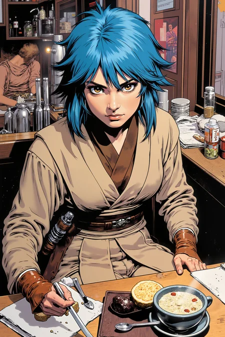 A young female Jedi in jedioutfit with a round face, big hazel eyes, and short, spiky hair dyed electric blue sits at a cluttered diner counter. Her expression is one of quiet determination as she eats a soup.<lora:JEDIOTFIT_FLUX> <lora:flux_manga_ske:0.2><lora:Vintage comic book:0.5><lora:RetroAnimeFluxV1:0.3><lora:Greg_Capullo_style:0.3>