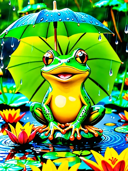 Fairy tale A frog sitting with a lily pad,dynamic,umbrella,rainy day,raining,water waves,raindrops. You are the ruler of the pond and it's time to issue some royal decrees. "Absurd,hyper-realistic,professional lightning,
Many details,extremely detailed,full of details,
multiple colour.,dramatic,dynamic,cinematic,clear details,<lora:Emojis:0.6>,
Crazy quality. Crazy determination. Crazy details. masterpiece. 32k resolution,
Big eyes,blink,speak,happy,<lora:princess_xl_v2:0.6>,
<lora:20230916-1694850761309:0.6>,<lora:owo:0.6>,<lora:epiCPhoto:0.6>,<lora:Dark_Futuristic_Circuit_Boards:0.6>,<lora:MG_ip:0.6>,<lora:20240131-1706644798300:0.6>,<lora:sdxl_lightning_8step_lora:0.8>, . Magical, fantastical, enchanting, storybook style, highly detailed