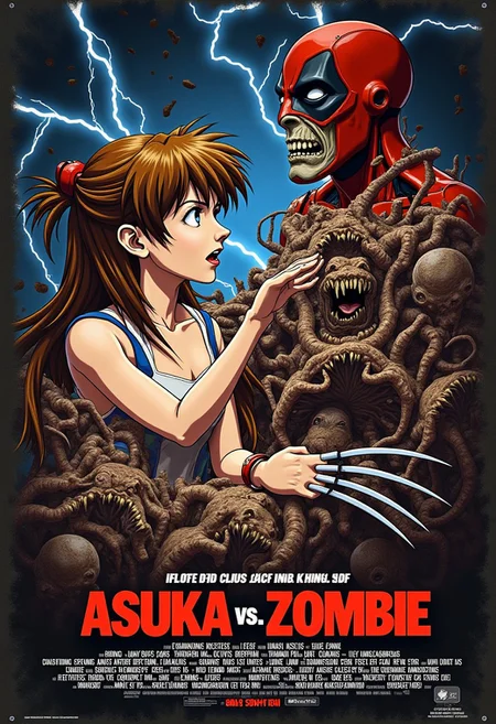 mvpstrCE style, Create a a realistic picture movie poster titled "Asuka vs. Zombie". The poster shows an epic showdown between the terrifying zombie invasion and an terrifying people, render of wolverine vs deadpool. The poster shows Asuka Langley from the anime Evangelion Genesis trying to stab with wolverine claws and a scary zombie trying to grab asuka's face ready to bite her. Lightning strikes and blood splatters in the background of the poster image, Tagline: "Protect Civitai!"
