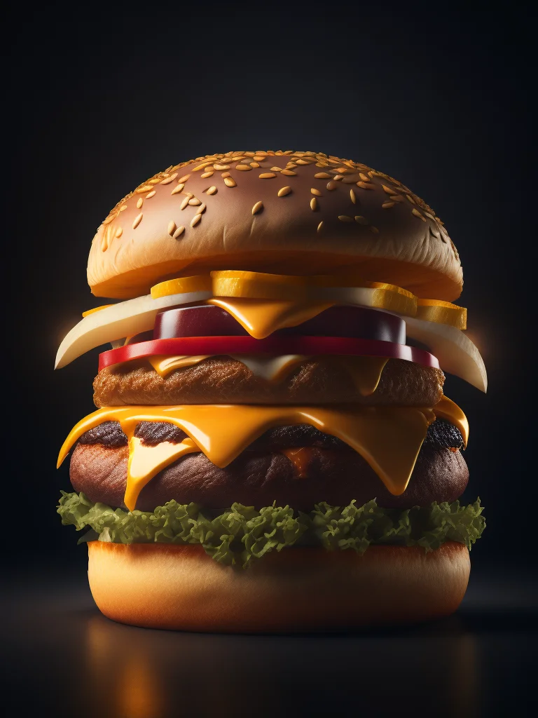 product shot of ultra realistic juicy cheeseburger against a dark background, two tone lighting, advertisement, octane, unreal, to8contrast style