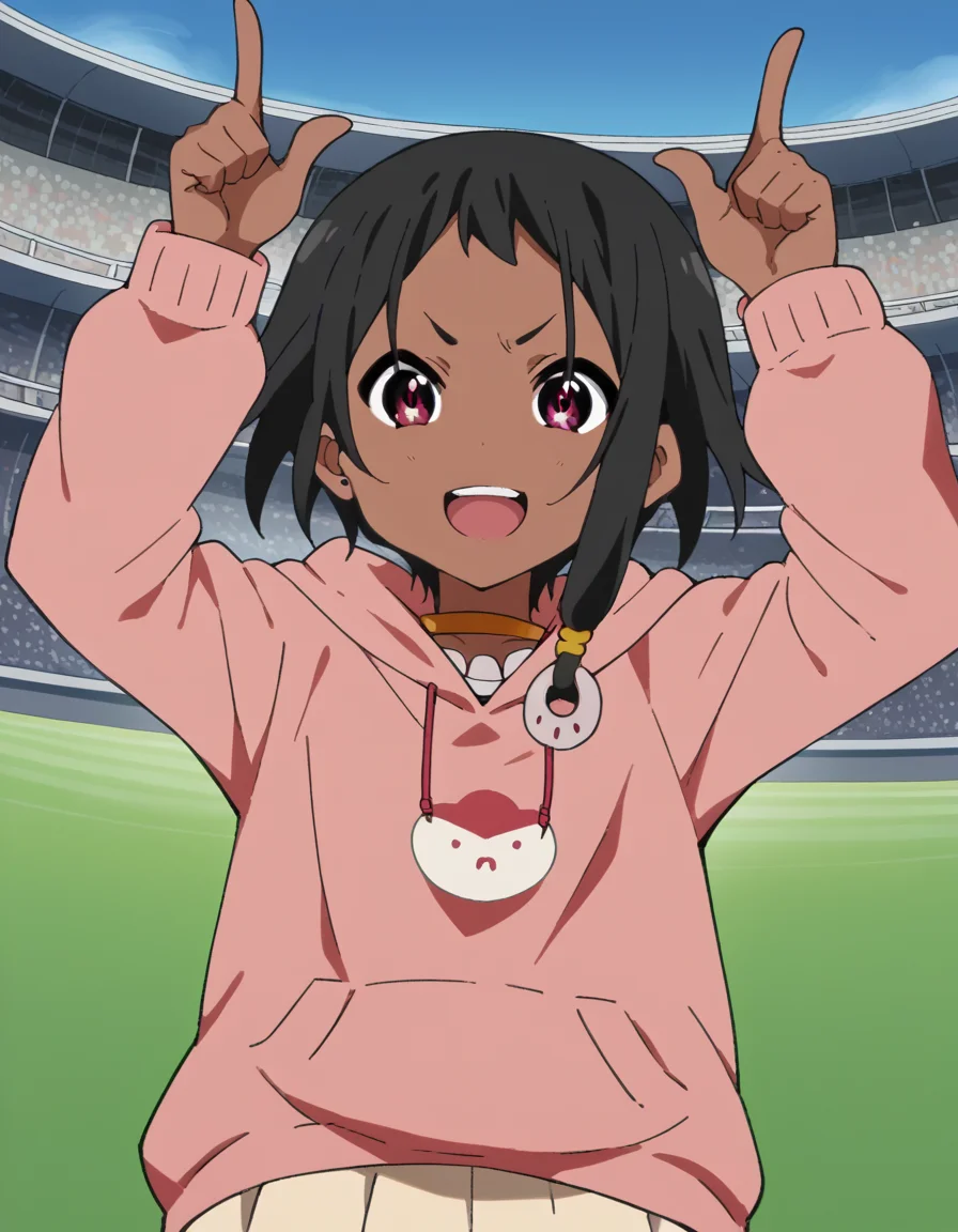 score_9, score_8_up, score_7_up, source_anime, <lora:choi-mochimazzi-s1-ponyxl-lora-nochekaiser:1>, choi mochimazzi, short hair, black hair, dark skin, dark-skinned female, pink eyes, sidelocks, jewelry, hoodie, pink hoodie, skirt,, stadium, seats, field, game, large, smile, <lora:horns-pose-ponyxl-lora-nochekaiser:1>, horns pose, index fingers raised, angry, steam, open mouth, shouting, anger vein,, looking at viewer, solo,, dutch angle, cowboy shot