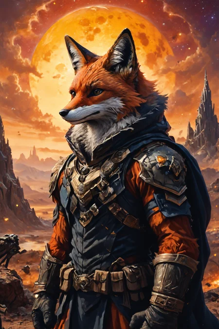 Detailed digital portrait of an anthro Fox (Silhouetted against the sunset, dramatic backdrop) at a Galactic war on asteroid colonies, <lora:xl_more_art-full_v1:0.5>, <lora:The_Crazy_Style:0.7> <lora:anthro_muscular:0.7>