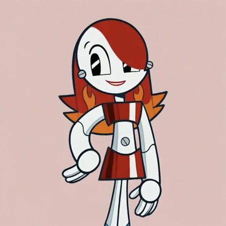 hot rod jenny, jenny wakeman, 1girl, solo, robot joints, long hair, hair over one eye, the Farrah hairstyle, red hair, black eyes, red tube top, red skirt, orange flame accents, upper body, hand on hip, smile, mouth open, looking away, simple background