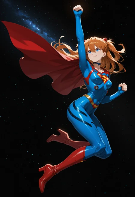masterpiece, best quality, highres, absurdres, very awa, 1girl, solo, long hair, orange hair, hair between eyes, two side up, superhero costume, long sleeves, blue bodysuit, red cape, skin tight, black background, space, star \(sky\), starry sky, full body, blue eyes, interface headset, collarbone, gold belt, sleeves past wrists, knee boots, red footwear, high heel boots, raised fist, clenched hand, arm up, jumping, looking ahead, superman logo, dutch angle, v-shaped eyebrows, smile, closed mouth, licking lips