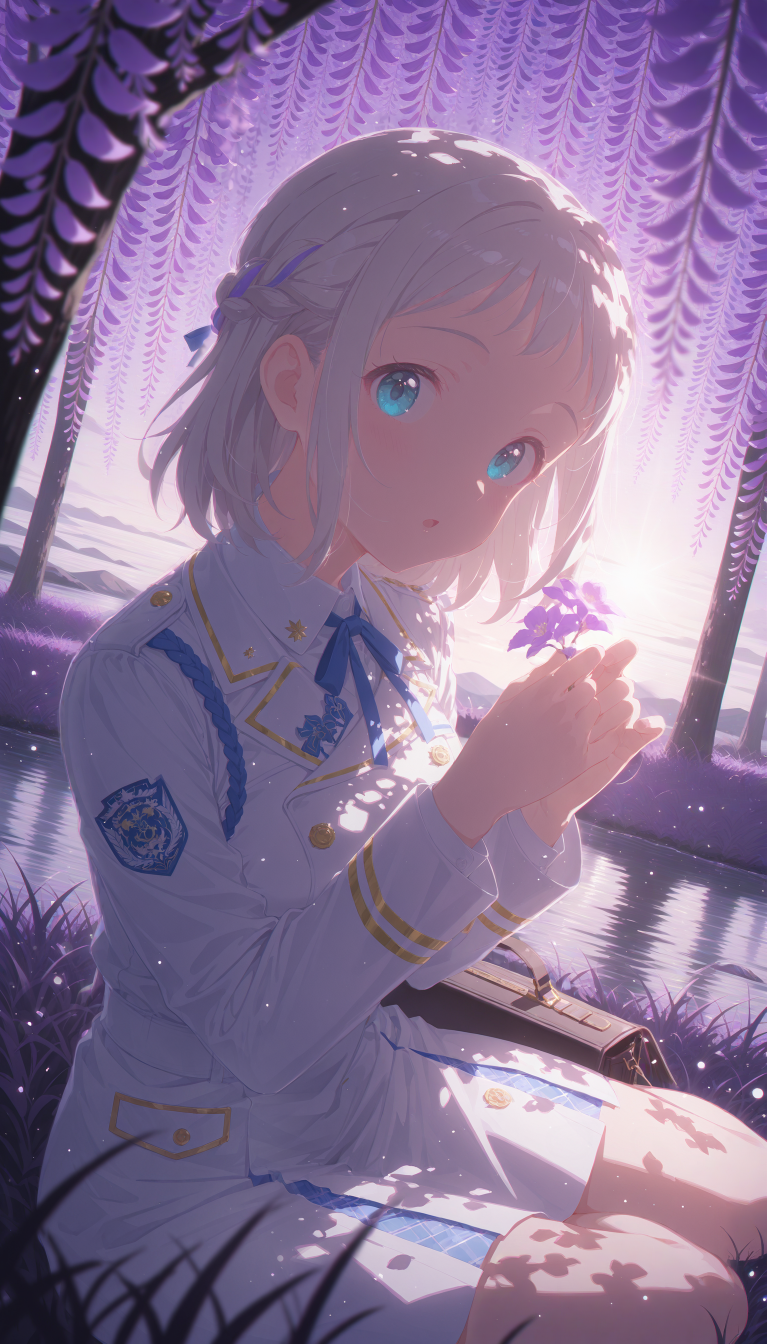 1girl, katsuragi lilja, gakuen idolmaster, blue eyes, short grey hair, ribbon braid, blue ribbon, half up braid,
((:o,open eyes,confussed):1.1),
(yokozuwari,touching flowers)
wearing Historical Military Outfits, hair ornament,
BREAK
(looking at viewer:1.2), looking back seductively,
under tree, branch, (purple wisteria:1.3), bag, (purple grass:1.4), misty lake,
dreamy atmosphere,
QUALITY
(masterpiece, very aesthetic, absurdres),
BREAK
at dusk, haze, (cowboy shot,from front), dutch angle, portrait, (dappled sunlight:1.3), (sunbeam:1.1), (sunlight from side:1.2), (light rays:1.1), dramatic lighting, (glowing:1.4), (particles:1.2), (blurry background:1.1), (blurry foreground:1.3),  purple shadow, high contrast
<lora:outline_xl_end:-12>, <lora:d\EnvyZoomSliderXL01:1.5>,  <lora:aesthetic_anime_v1s:0.5>, <lora:StS-Illustrious-Detail-Slider-v1.0:1.25>,  <lora:il_brightness_slider_d1:-0.5>, <lora:darkness_xl_v20:0.5>, <lora:Dramatic Lighting SliderIL:3>,