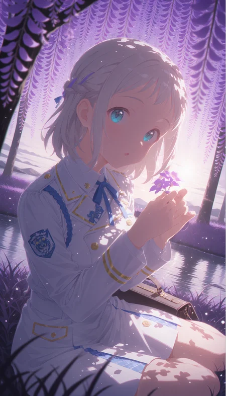 1girl, katsuragi lilja, gakuen idolmaster, blue eyes, short grey hair, ribbon braid, blue ribbon, half up braid,
((:o,open eyes,confussed):1.1),
(yokozuwari,touching flowers)
wearing Historical Military Outfits, hair ornament,
BREAK
(looking at viewer:1.2), looking back seductively,
under tree, branch, (purple wisteria:1.3), bag, (purple grass:1.4), misty lake,
dreamy atmosphere,
QUALITY
(masterpiece, very aesthetic, absurdres),
BREAK
at dusk, haze, (cowboy shot,from front), dutch angle, portrait, (dappled sunlight:1.3), (sunbeam:1.1), (sunlight from side:1.2), (light rays:1.1), dramatic lighting, (glowing:1.4), (particles:1.2), (blurry background:1.1), (blurry foreground:1.3), purple shadow, high contrast
<lora:outline_xl_end:-12>, <lora:d\EnvyZoomSliderXL01:1.5>, <lora:aesthetic_anime_v1s:0.5>, <lora:StS-Illustrious-Detail-Slider-v1.0:1.25>, <lora:il_brightness_slider_d1:-0.5>, <lora:darkness_xl_v20:0.5>, <lora:Dramatic Lighting SliderIL:3>,