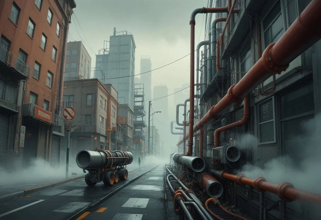 Score_9,Score_8, industrial_world, fog, machinery, pipes, wide-angle shot of a busy city street
