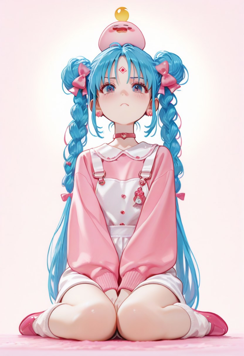 masterpiece,best quality, high resolution, blush,  looking at viewer,tsukino usagi, shirt, solo, BULMA, blue hair, long sleeves, hair ornament,bow, closed mouth, jewelry, very long hair, sitting, twintails, full body, braid, heart, hair bow, earrings, shoes, choker, socks, puffy sleeves, hair bun, star \(symbol\), twin braids, parted bangs, double bun,  facial mark, wariza, pink bow, crescent, between legs, pink shirt, hand between legs, forehead mark, pink footwear, heart hair ornament, on head, overalls, heart earrings, pink sweater, heart choker, dot mouth, heart o-ring, crescent facial mark, overall shorts, heart collar, (casual style, urban setting, modern aesthetic:1.3), (dark color palette, deep shadows,) (black and cyan contrast:1.3),thoughtful expression, soft lighting, (dimly lit city background, faint neon lights) , (soft cyberpunk-inspired lighting, muted blue and gray tones),rich color palette, vibrant tones,, view from the side, water drop , outside border, no lineart,no outline, <lora:illustrious_noobai_epsilon_pred_1_best_quality_v1:1>
<lora:illustriousXL_stabilizer_v1.7:0.5> <lora:YTSKX:0.4> <lora:4kiak4ne:0.6> 
(Studio ghibli style, Art by Hayao Miyazaki:1.2), Hand drawn, cinematic, Sharp focus, humorous illustration, big depth of field, Masterpiece, concept art, trending on artstation, Vivid colors, Simplified style, trending on ArtStation, trending on CGSociety, Intricate, Vibrant colors, Soft Shading,
