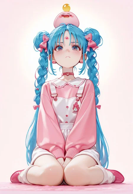 masterpiece,best quality, high resolution, blush,  looking at viewer,tsukino usagi, shirt, solo, BULMA, blue hair, long sleeves, hair ornament,bow, closed mouth, jewelry, very long hair, sitting, twintails, full body, braid, heart, hair bow, earrings, shoes, choker, socks, puffy sleeves, hair bun, star \(symbol\), twin braids, parted bangs, double bun,  facial mark, wariza, pink bow, crescent, between legs, pink shirt, hand between legs, forehead mark, pink footwear, heart hair ornament, on head, overalls, heart earrings, pink sweater, heart choker, dot mouth, heart o-ring, crescent facial mark, overall shorts, heart collar, (casual style, urban setting, modern aesthetic:1.3), (dark color palette, deep shadows,) (black and cyan contrast:1.3),thoughtful expression, soft lighting, (dimly lit city background, faint neon lights) , (soft cyberpunk-inspired lighting, muted blue and gray tones),rich color palette, vibrant tones,, view from the side, water drop , outside border, no lineart,no outline, <lora:illustrious_noobai_epsilon_pred_1_best_quality_v1:1>
<lora:illustriousXL_stabilizer_v1.7:0.5> <lora:YTSKX:0.4> <lora:4kiak4ne:0.6> 
(Studio ghibli style, Art by Hayao Miyazaki:1.2), Hand drawn, cinematic, Sharp focus, humorous illustration, big depth of field, Masterpiece, concept art, trending on artstation, Vivid colors, Simplified style, trending on ArtStation, trending on CGSociety, Intricate, Vibrant colors, Soft Shading,