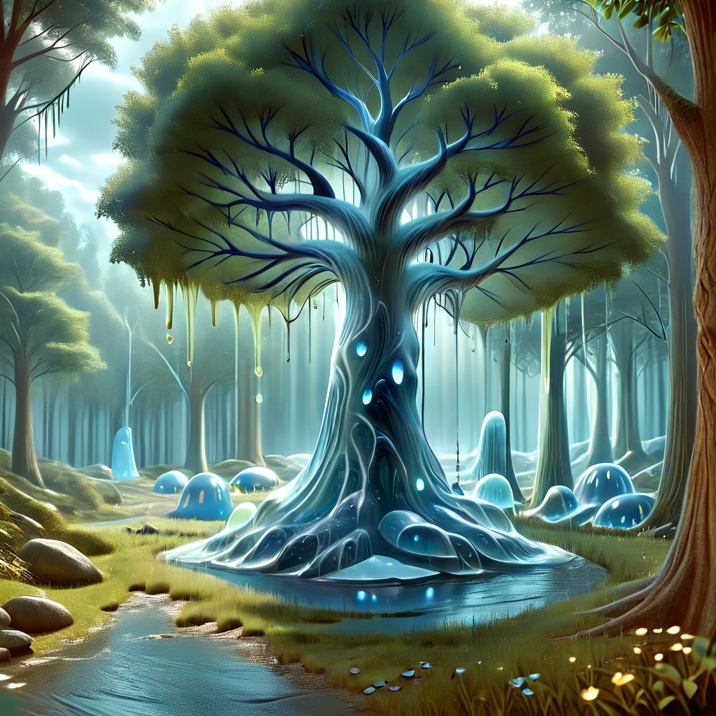 a forest made out of slime, dense-forest, Yggdrasil, a vast tree made out of slime, A large tree made out of slime, brown slime tree, translucent tree, transparent tree, 
everything made of slime, No simple background, ((slime tree)), detailed leaves, detailed bark texture, 
overcast sky, natural light, no bright spots, 
((translucent slime)), ((transparent slime)), (bioluminescent slime), sl1m3, slime, slime-morph, ais-blmn, saturated colors, no creatures, no monsters, no pokemon, scenery only, scenery, ral-lava, watce