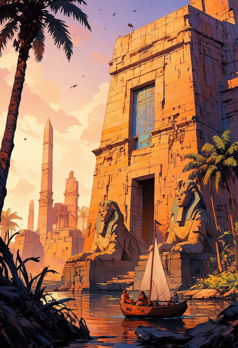 A stunning ancient Egyptian-inspired scene depicting a grand temple bathed in the golden light of a setting sun. The temple is adorned with intricate hieroglyphics and colorful murals, its massive stone walls weathered yet majestic. Towering obelisks rise in the background, silhouetted against a sky filled with soft, warm hues of orange and purple, with flocks of birds soaring overhead. Lush palm trees and vegetation partially frame the foreground, adding depth and richness to the composition. At the entrance of the temple, two large sphinx statues guard the threshold, exuding an aura of mystery and power. A small wooden sailboat glides along the calm waters of the river, carrying travelers dressed in traditional Egyptian garments. The atmosphere is serene yet regal, capturing the essence of an ancient civilization at its peak. The art style blends semi-realism with painterly strokes, emphasizing dramatic lighting, intricate details, and an immersive historical fantasy aesthetic.
,  anime, cyberpunk