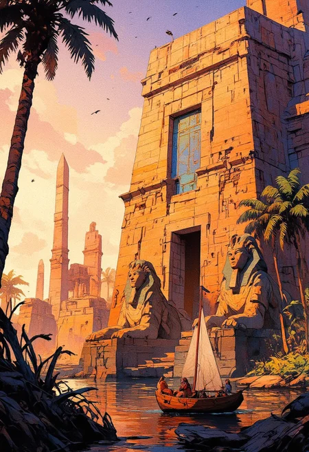 A stunning ancient Egyptian-inspired scene depicting a grand temple bathed in the golden light of a setting sun. The temple is adorned with intricate hieroglyphics and colorful murals, its massive stone walls weathered yet majestic. Towering obelisks rise in the background, silhouetted against a sky filled with soft, warm hues of orange and purple, with flocks of birds soaring overhead. Lush palm trees and vegetation partially frame the foreground, adding depth and richness to the composition. At the entrance of the temple, two large sphinx statues guard the threshold, exuding an aura of mystery and power. A small wooden sailboat glides along the calm waters of the river, carrying travelers dressed in traditional Egyptian garments. The atmosphere is serene yet regal, capturing the essence of an ancient civilization at its peak. The art style blends semi-realism with painterly strokes, emphasizing dramatic lighting, intricate details, and an immersive historical fantasy aesthetic.
,  anime, cyberpunk