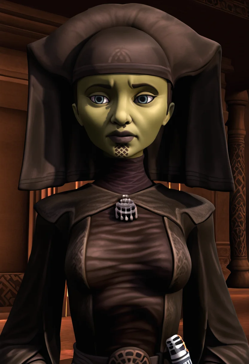 <lora:Luminara_Unduli:1> luminara_unduli, mirialan, green_skin, face_tattoo, rauted_face_tattoo, original_appearance, dark_grey_jedi_robe, dark_grey_headdress, clone_wars_style, star_wars_background, 3d, close_up
