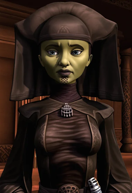 <lora:Luminara_Unduli:1> luminara_unduli, mirialan, green_skin, face_tattoo, rauted_face_tattoo, original_appearance, dark_grey_jedi_robe, dark_grey_headdress, clone_wars_style, star_wars_background, 3d, close_up