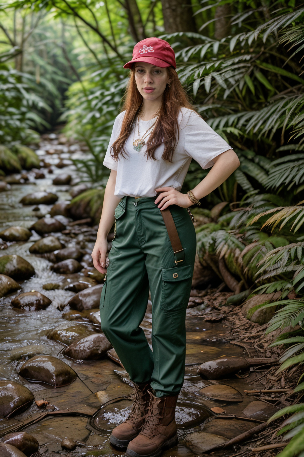 <lora:LCM_LoRA_Weights_SD15:1>,<lora:detail_slider_v4:1.4>,(knowledgeable scout) 29year old adult (Women:1.3),Thigh Gap:1.3, Extremely muscular body build, extra long red Hairs, layered cut haircut, (earrings:1.2),(necklace:1.2), brazilian, albino  skin, wearing a scout hat, scout t-shirt, comfortable hiking pants, hiking boots, backpack, set in dense forest with sunlight filtering through the canopy, narrow trails winding through the underbrush, a stream flowing gently beside the path, occasional wildlife sightings,(full body:1.3),(full shot:1.3),(wide shot:1.3),(full body portrait:1.3),from outside:1.1,landscape photography, vast vistas, natural beauty, dynamic compositions, captivating scenery, immersive, serene,