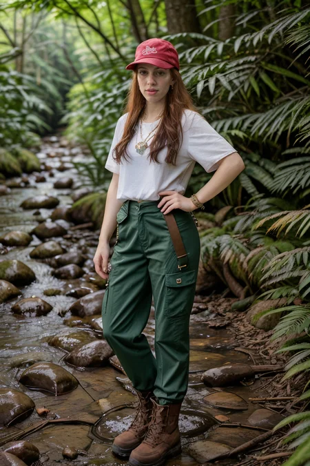 <lora:LCM_LoRA_Weights_SD15:1>,<lora:detail_slider_v4:1.4>,(knowledgeable scout) 29year old adult (Women:1.3),Thigh Gap:1.3, Extremely muscular body build, extra long red Hairs, layered cut haircut, (earrings:1.2),(necklace:1.2), brazilian, albino skin, wearing a scout hat, scout t-shirt, comfortable hiking pants, hiking boots, backpack, set in dense forest with sunlight filtering through the canopy, narrow trails winding through the underbrush, a stream flowing gently beside the path, occasional wildlife sightings,(full body:1.3),(full shot:1.3),(wide shot:1.3),(full body portrait:1.3),from outside:1.1,landscape photography, vast vistas, natural beauty, dynamic compositions, captivating scenery, immersive, serene,