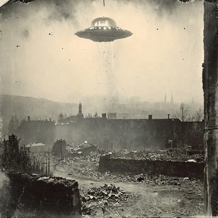 B&W 35mm vintage photo of a UFO in a WW2 picture, destroyed city backdrop