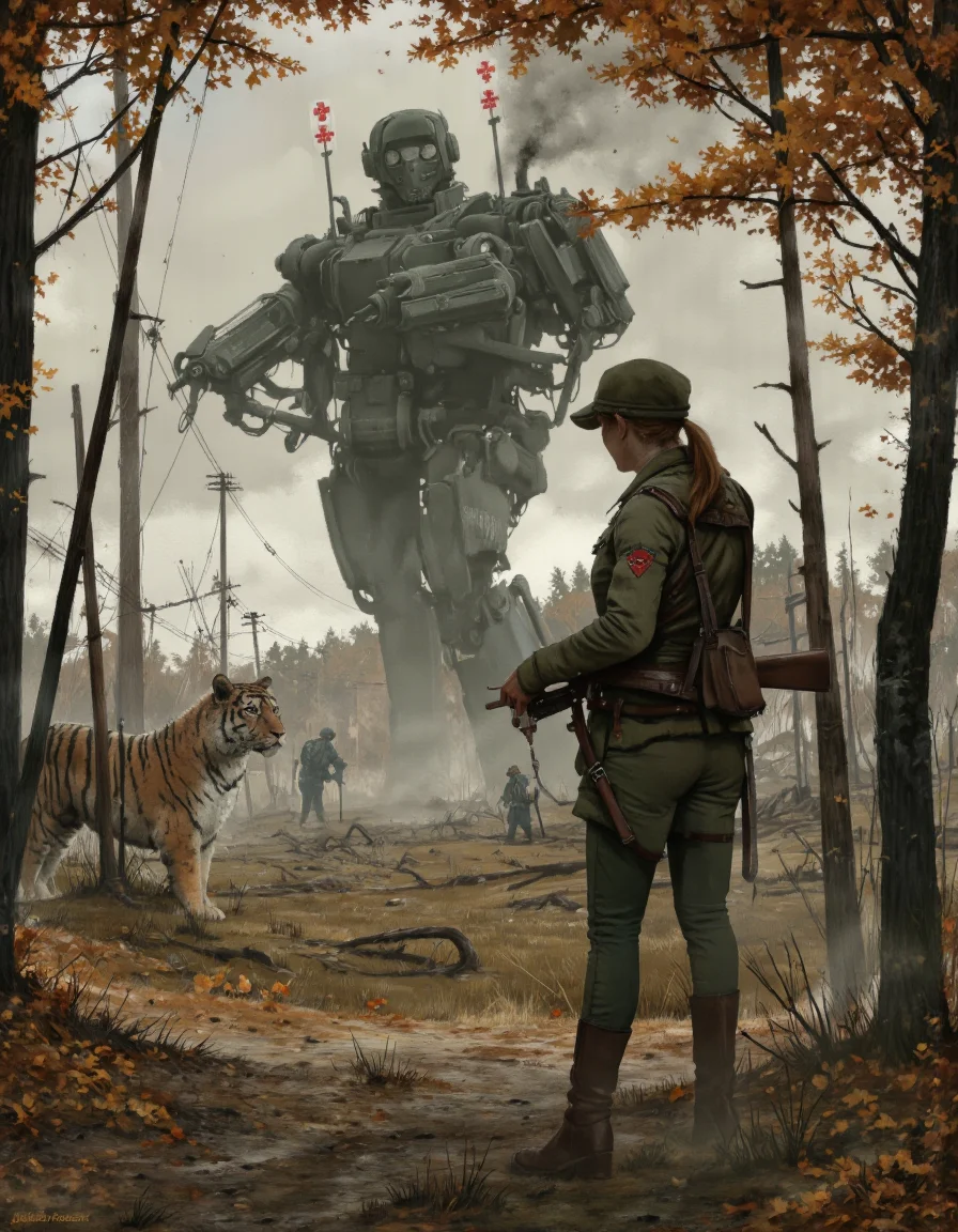 By Jakub Rozalski. A digital illustration shoot from the side about a soldier stands guard in a post-apocalyptic battlefield, holding a rifle, with a large armored vehicle looming in the background and a tiger in the foreground. the scene is set in a dense, smoky environment with a few soldiers in the distance, surrounded by barbed wire and trees. the soldier, who appears to be a woman, is standing in the middle of the image, facing away from the viewer, with her back to the viewer. she is wearing a military uniform, consisting of a jacket, pants, and boots, and a cap, and has a rifle slung over her shoulder. her hair is tied back in a ponytail, and she has a determined expression on her face. in front of her, a large, imposing machine gun is visible, towering over the battlefield, with red crosses on its turret. the background is filled with debris and smoke, and the overall atmosphere is tense and ominous. the artist's signature is visible in the bottom right corner, adding a personal touch to the image.