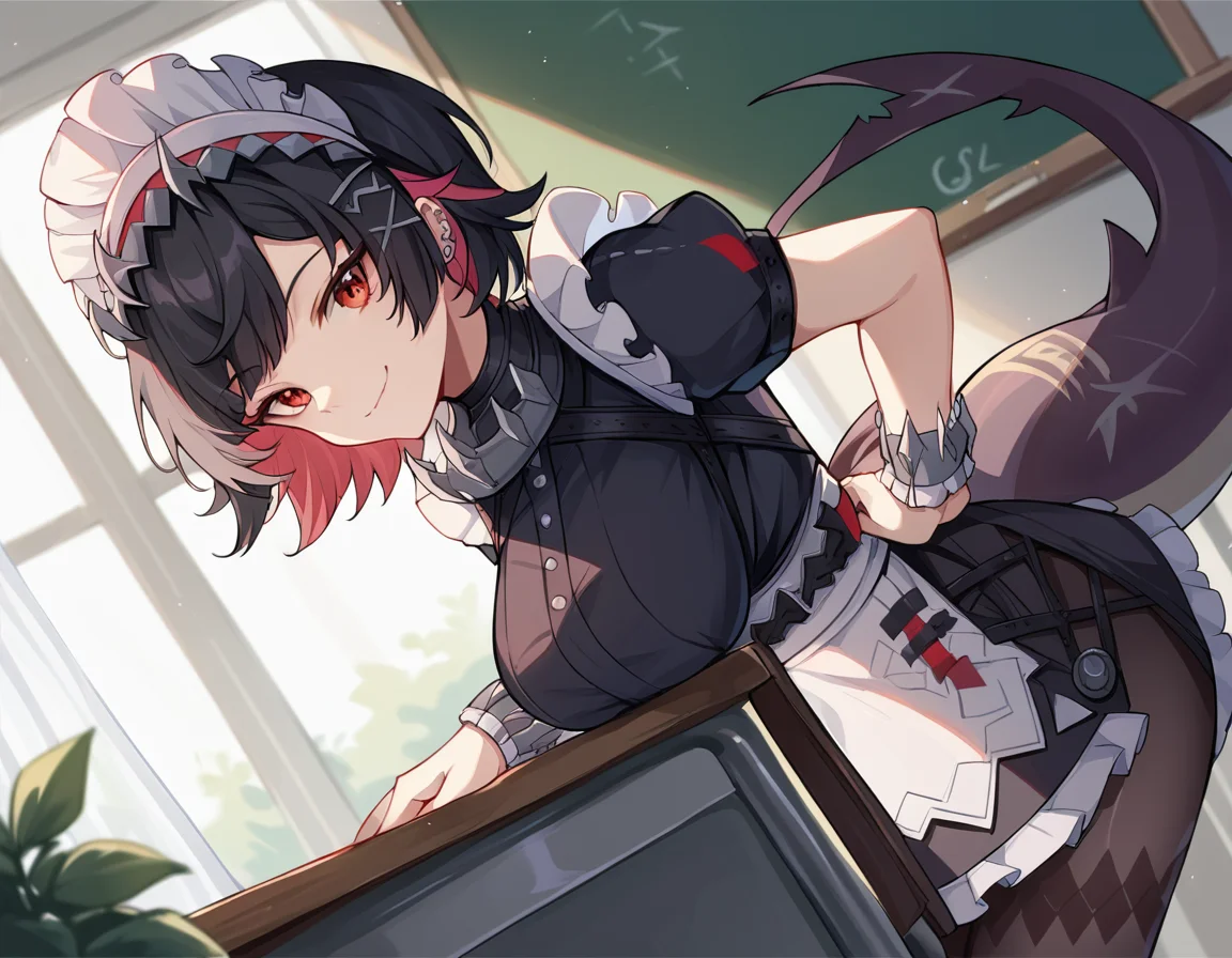 score_9, score_8_up, score_7_up, source_anime, ellenjoe, <lora:ellen-joe-ponyxl-lora-nochekaiser:1>, ellen joe, black hair, colored inner hair, multicolored hair, red eyes, red hair, short hair, two-tone hair,, apron, black pantyhose, black shirt, black skirt, ear piercing, fins, fish tail, maid, maid apron, maid headdress, pantyhose, piercing, puffy short sleeves, puffy sleeves, shark girl, shark tail, shirt, short sleeves, skirt, tail, two-tone hair, wrist cuffs,, indoors, classroom, bent over, smile, looking at viewer, solo, cowboy shot, dutch angle