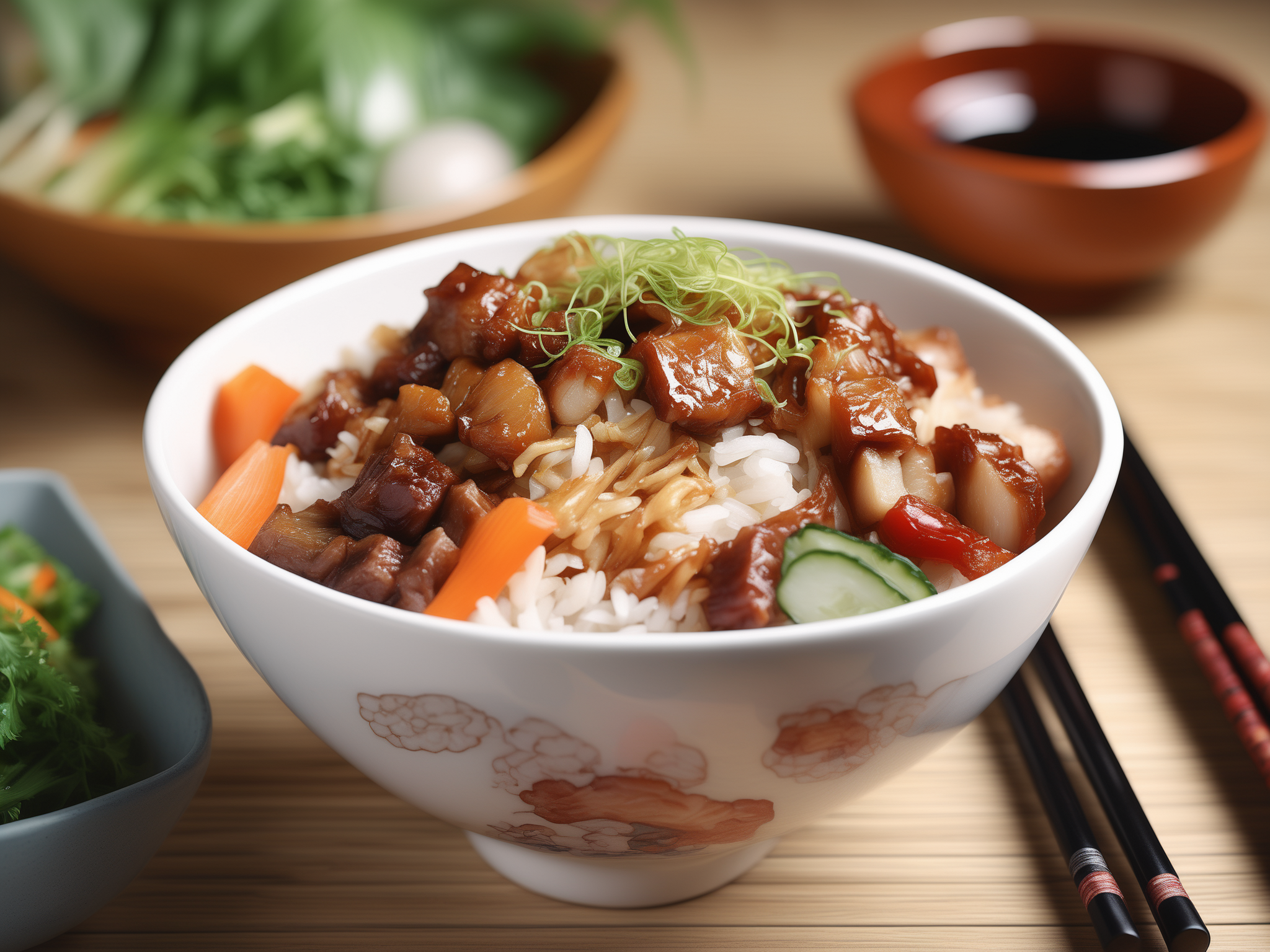 raw photo,A high-resolution, hyper-realistic image of a bowl of delicious Robabon, a popular dish in Asian cuisine. The Robabon is cooked to perfection, with a sticky and thick texture. It's topped with a variety of colorful vegetables and meat, creating a vibrant and appetizing display. The bowl is placed on a rustic wooden table, with a pair of chopsticks resting on the side. The scene is set in a homey kitchen environment, with all elements in sharp focus, creating a clear and detailed image. The lighting should be natural and soft, highlighting the appetizing qualities of the Robabon and the cozy atmosphere of the setting,  <lora:robabon:0.7>,robabon