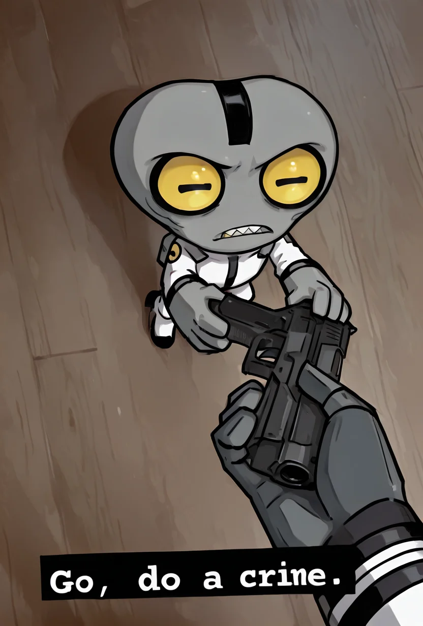 <lora:greymatter-09:1> greymatter, solo, 1boy, white bodysuit, grey skin, , ,small body, big hands,  , sharp teeth, big yellow eyes, big head,     <lora:Go_Do_a_crime:1> holding gun, chibi, Go do a crime, masterpiece, best quality, amazing quality, very aesthetic, absurdres, newest,