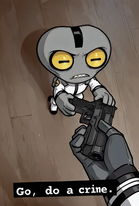 <lora:greymatter-09:1> greymatter, solo, 1boy, white bodysuit, grey skin, , ,small body, big hands,  , sharp teeth, big yellow eyes, big head,     <lora:Go_Do_a_crime:1> holding gun, chibi, Go do a crime, masterpiece, best quality, amazing quality, very aesthetic, absurdres, newest,