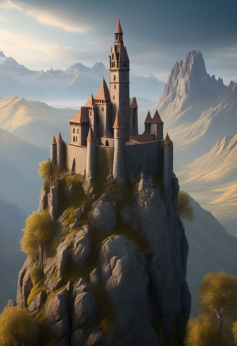 castle on a (rock spire), mountain in background, best quality, masterpiece, illustration, realistic, photo-realistic, amazing, finely detail, incredibly absurdres, huge filesize, ultra-detailed, highres, extremely detailed CG unity 8k wallpaper
